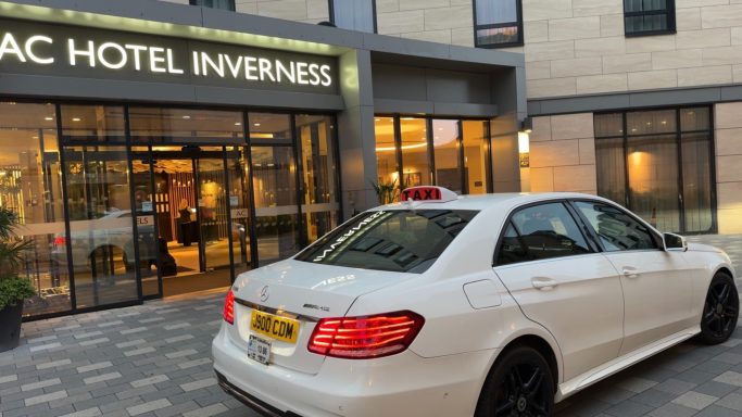 collection from inverness airport to AC Mariot hotel inverness white mercedes